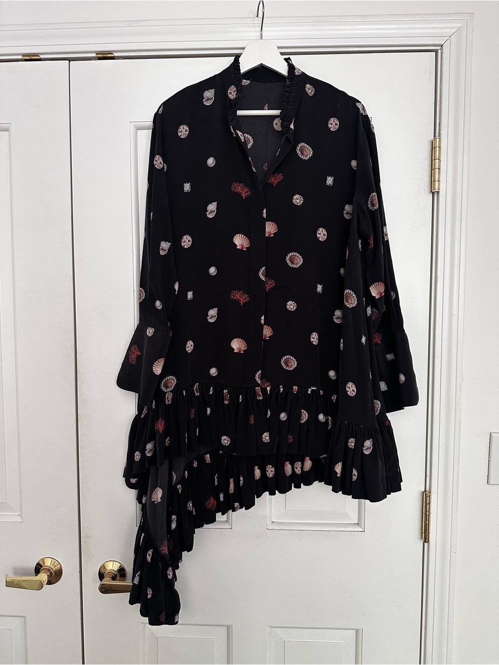 Alexander McQueen 100% Silk Asymmetrical Ruffle Tunic Black Coral Shell Print